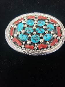 Perfect Kingman and Coral Belt buckle Navajo made by Tommy Moore